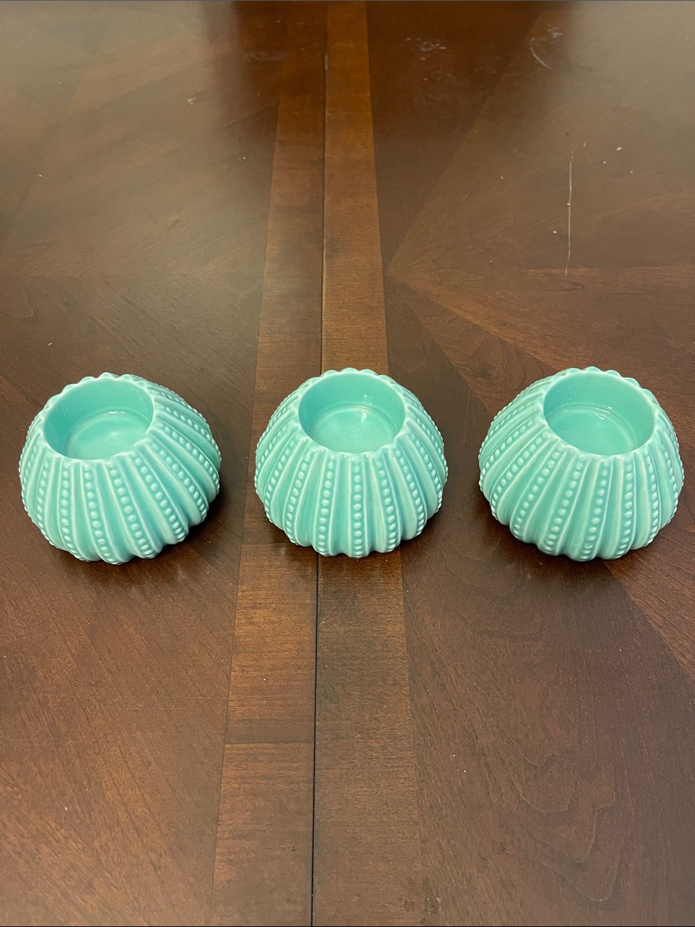 Turquoise Ceramic Sea Urchin Tealight Holders – Set of 3 Coastal Decor